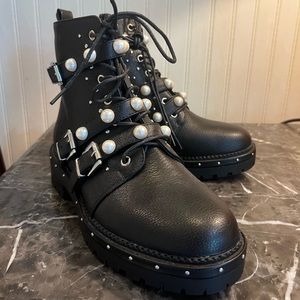 NEW Black Mock Pearl Strap Biker Boots